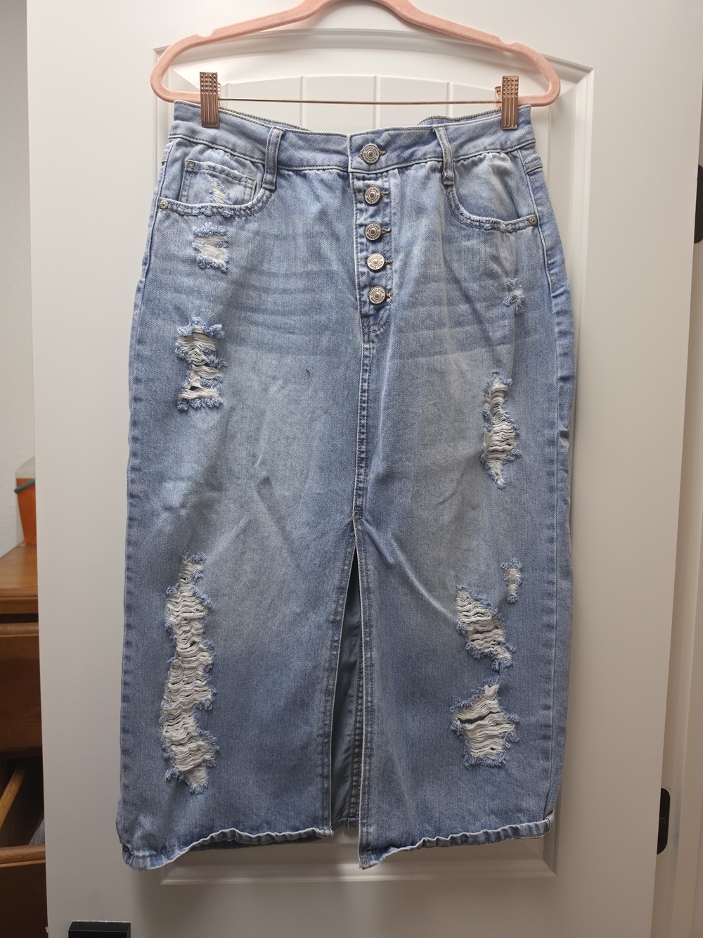 Rewash Light Blue Distressed Midi Skirt